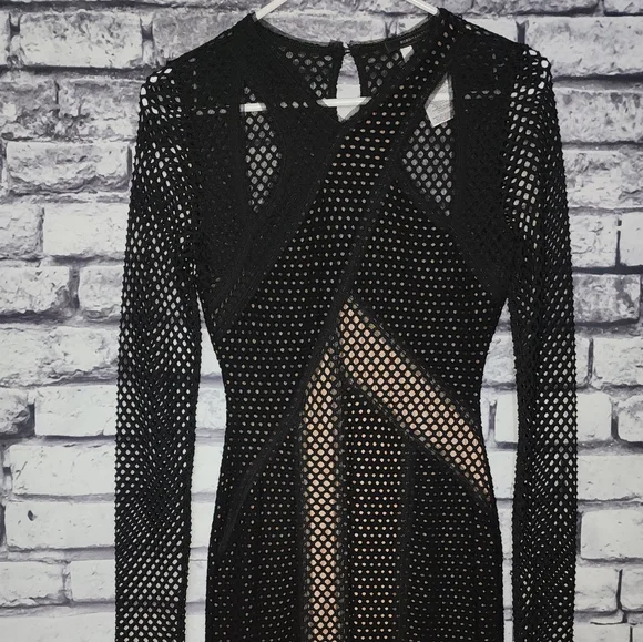 BCBGMaxAzria Black and Nude Mesh Long Sleeve Dress - XS - Picture 2 of 6